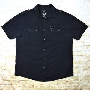 VTG Marc Ecko Cut & Sew Y2k Utility Camp Shirt Men XL Navy Blue Button Grunge